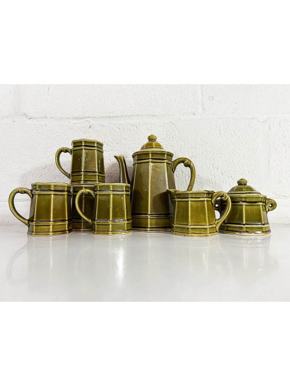 Vintage Coffee Pot Set Mug 1970s Sugar Bowl Creamer Green Teapot Royal Sealy